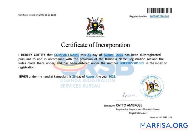 Downloadable Uganda company incorporation certificate Word and PDF template